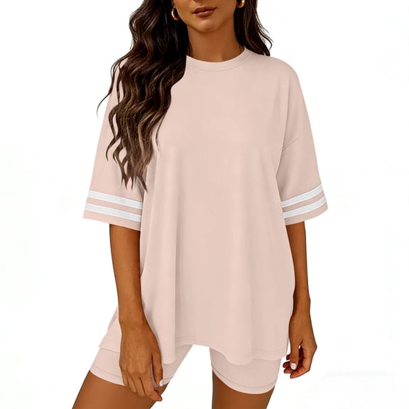 LEWKW Womens Oversized T-Shirt & Biker Shorts Sets Striped Sleeve Activewear Casual Summer Loungewear Varsity Style Athletic 2 Piece Matching Outfits
