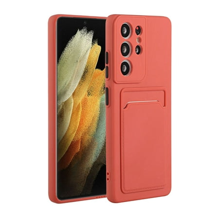 Galaxy S21 Ultra Case, Slim Soft Fit Shockproof Protection Case Dropproof Non-Slip Silicone Case with Card Slots Soft TPU Bumper Phone Wallet Case for Samsung Galaxy S21 Ultra, Rose