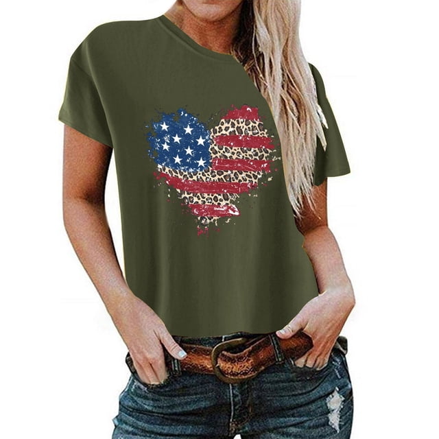 Birdeem T-Shirt pour Femmes d'Été Décontracté Ample Imprimé Fête de l'Indépendance à Col Rond à Manches Courtes