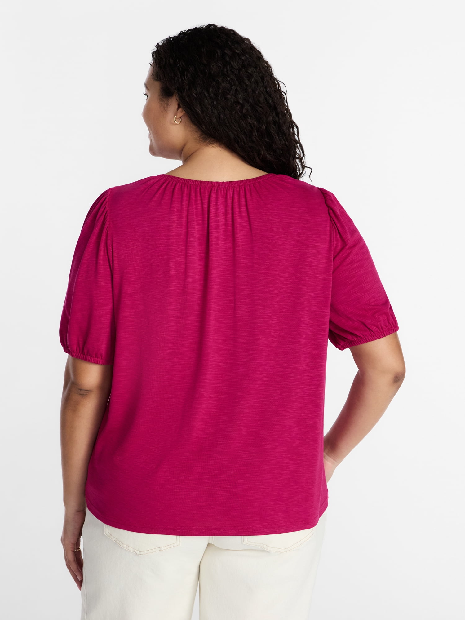 Terra & Sky Women's Plus Notch Neck Femme Puff Sleeve Top, Sizes 0X-5X