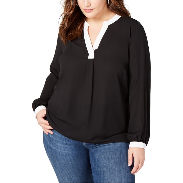 I.N.C Womens Colorblocked Pullover Blouse, Black, Plus Size, 0X