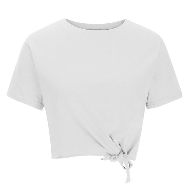 Women's Casual Loose Side Twist Knot Crop Tops Solid Color
