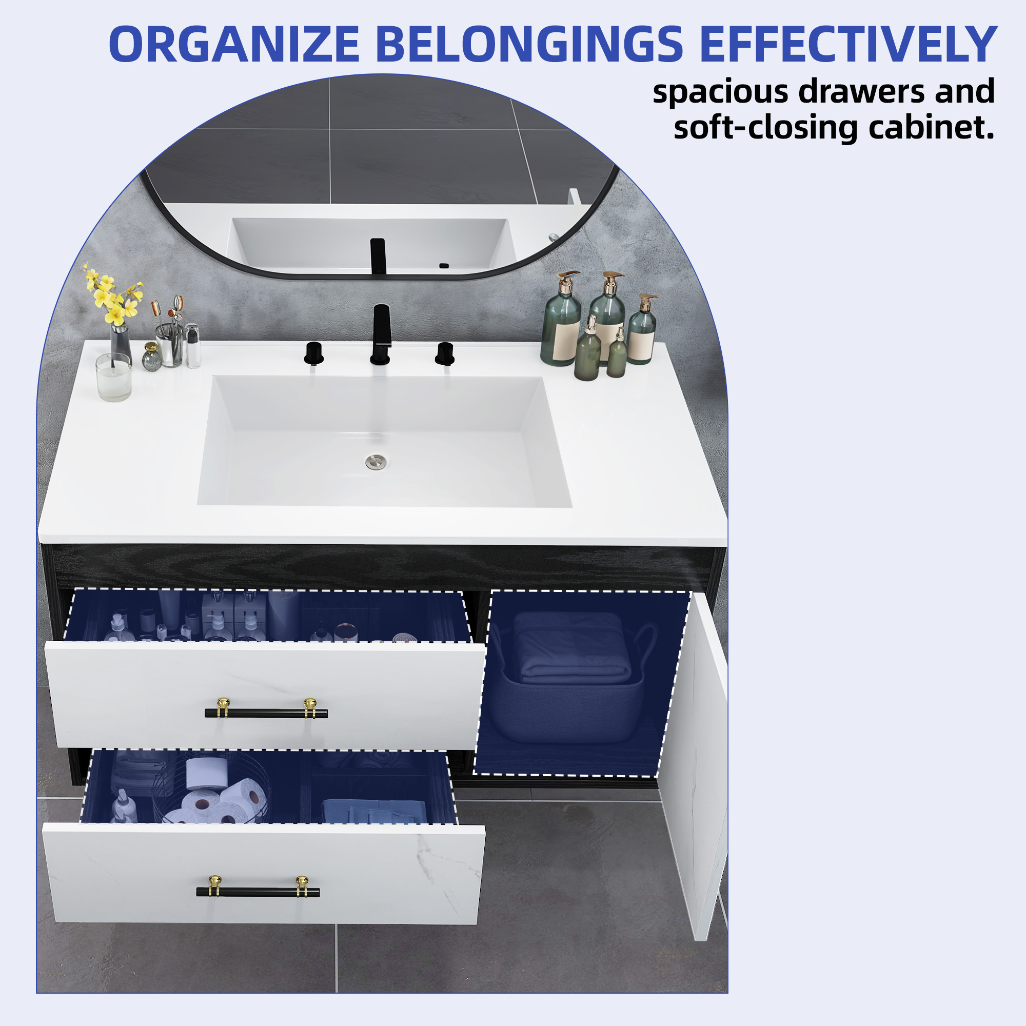 ModFusion 37" Bathroom Vanity Cabinet with SMC Single Basin & Dual Drawers with Soft-Close Doors, Black White