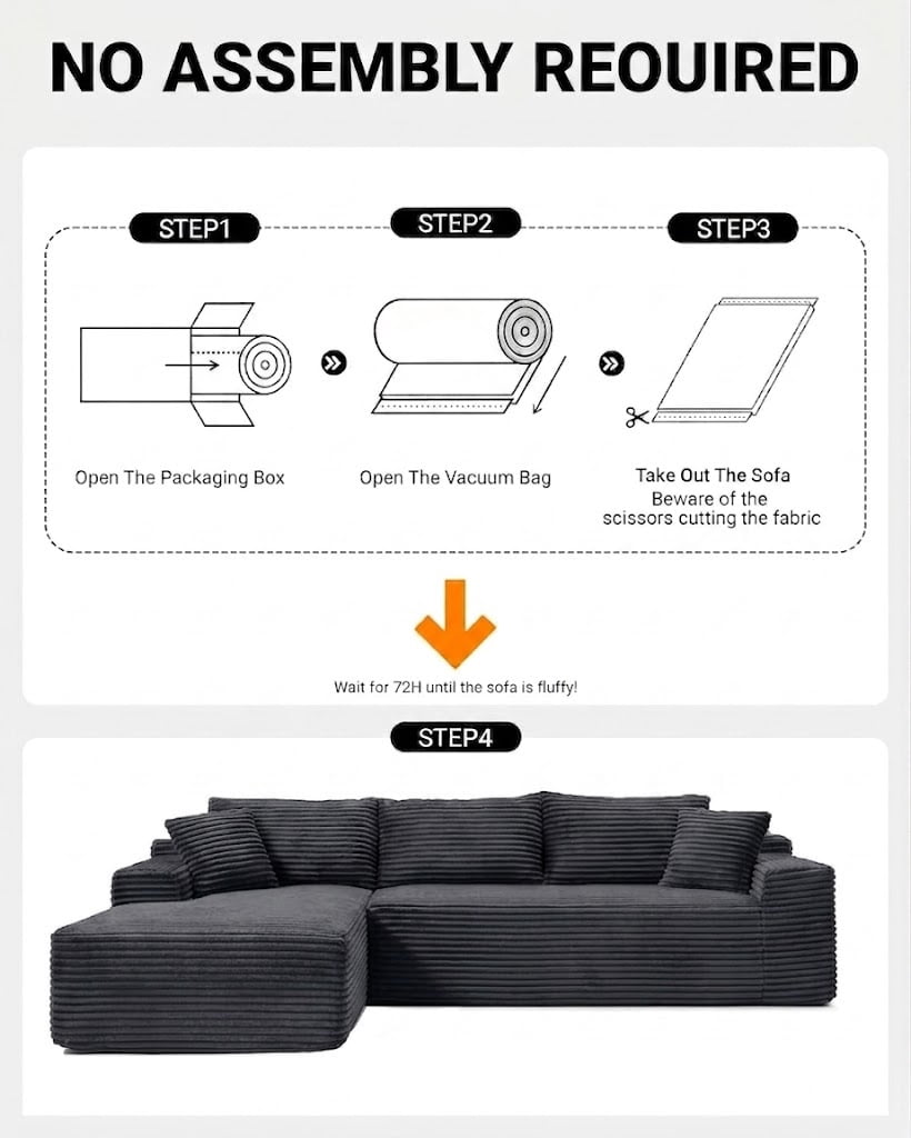 Howcool Boneless Cloud Sectional Couches for Living Room, Comfy Fluffy L Shaped Memory Foam Deep Seat Boneless Couch, 95" Modular Sectional Sofa with Left Facing Chaise,Grey