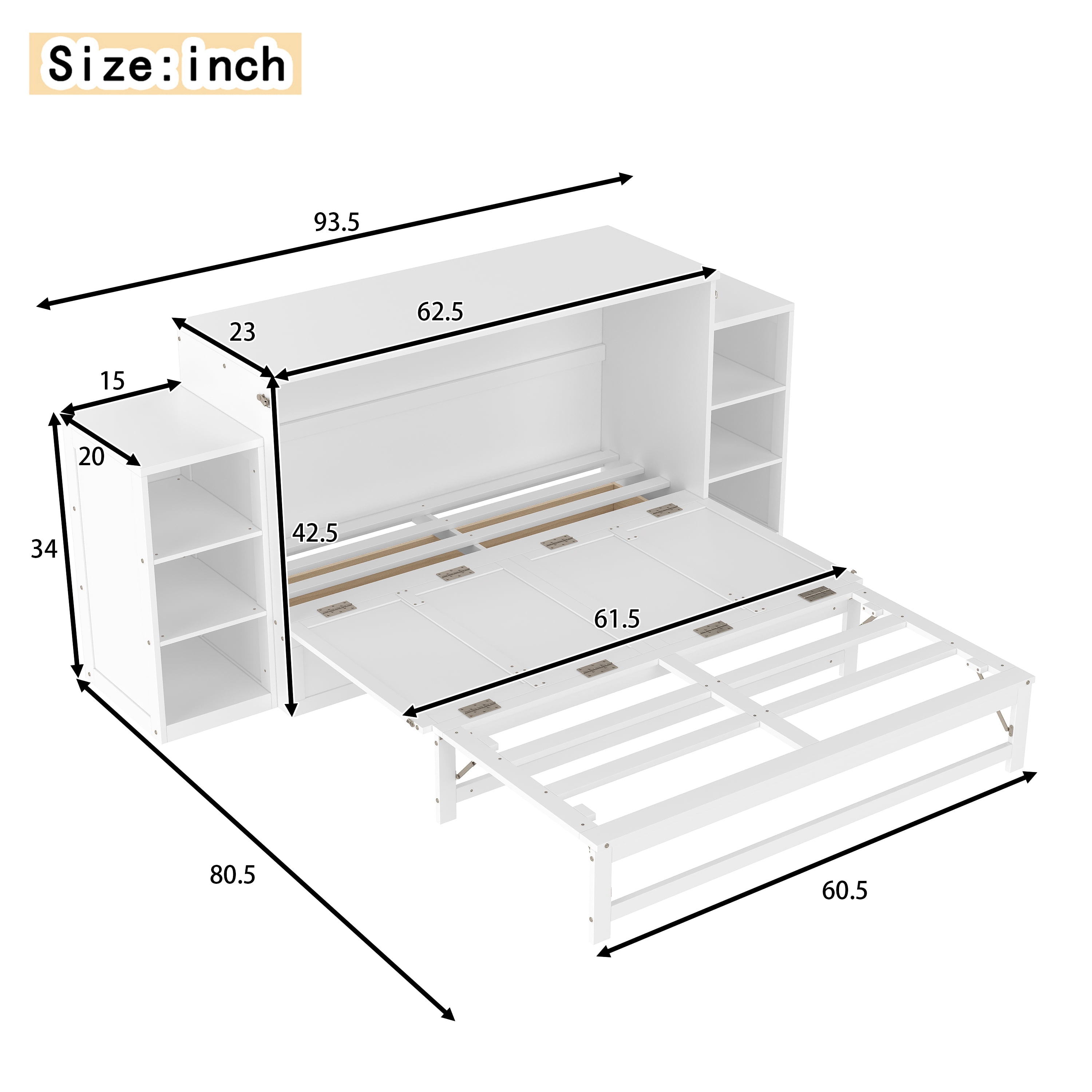 Mintazer Queen Size Murphy Bed with 6 Side Shelves & 2 Drawers, Modern Foldable Cabinet Bed for Bedroom Apartment Guest Room, White