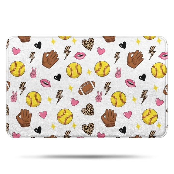Colorful Softball and Fashion Icons Pattern Bathroom Rugs Mat,Non Slip Microfiber Bathroom Rug,Rubber Backing,Soft Bathroom Mats for Bathroom Floor,Tub and Shower,17x27in(43x68cm)