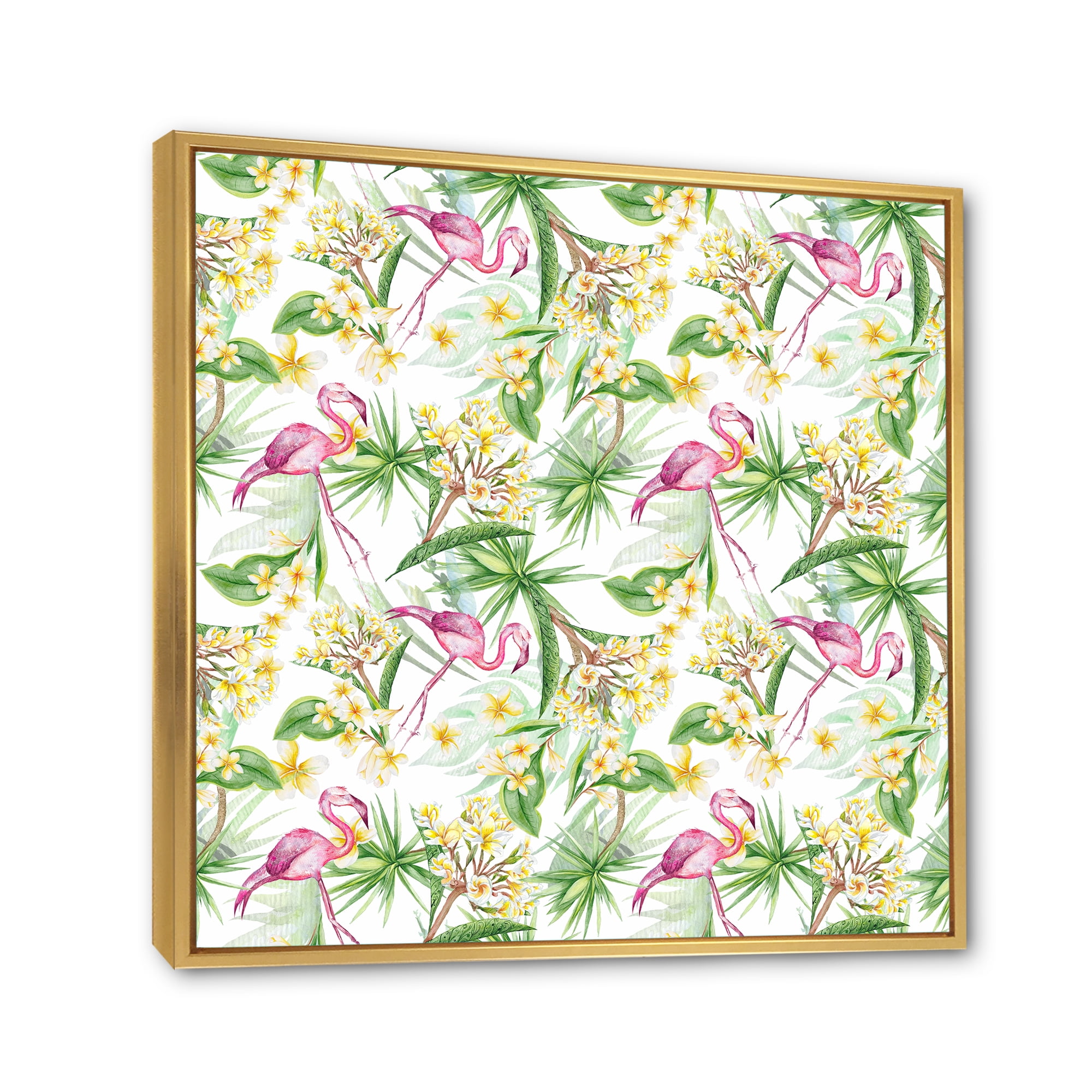 Designart 'Yellow Flowers, Tropical Foliage With Flamingo IV' Modern Framed Canvas Wall Art Print