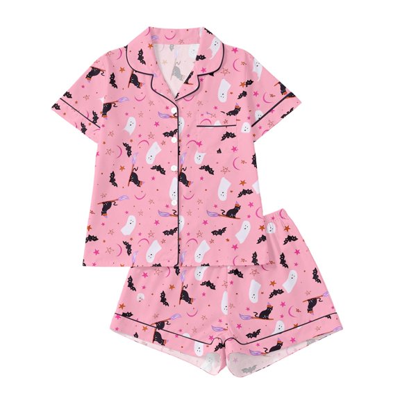 Bobifish Toddler Girls Sets 2PC Halloween Cartoon Print PJS Short Sleeve Collared Button Down Top Shorts Kids Girls Homewear