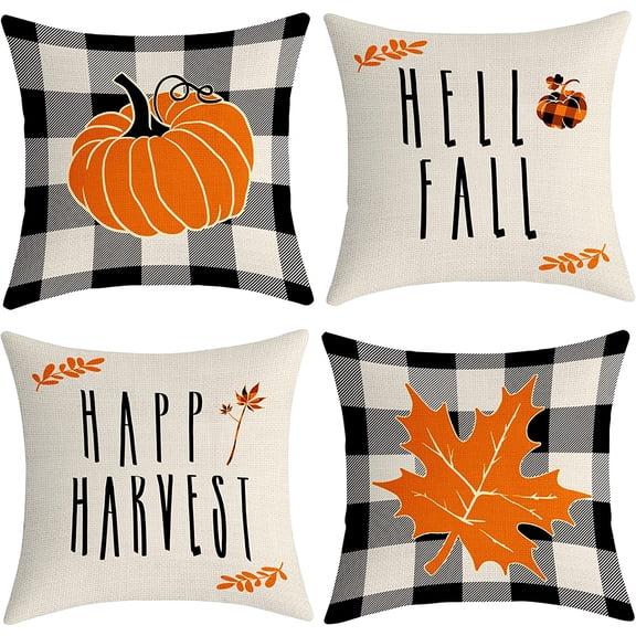 Yakuyir Fall Pillow Covers Buffalo Plaid Pumpkin Maple Leaf 18x18 Set of 4 linens Cotton Happy Harvest Hello Fall Decor Throw Pillows Autumn for Accents Outdoor Home Sofa Couch Decorations