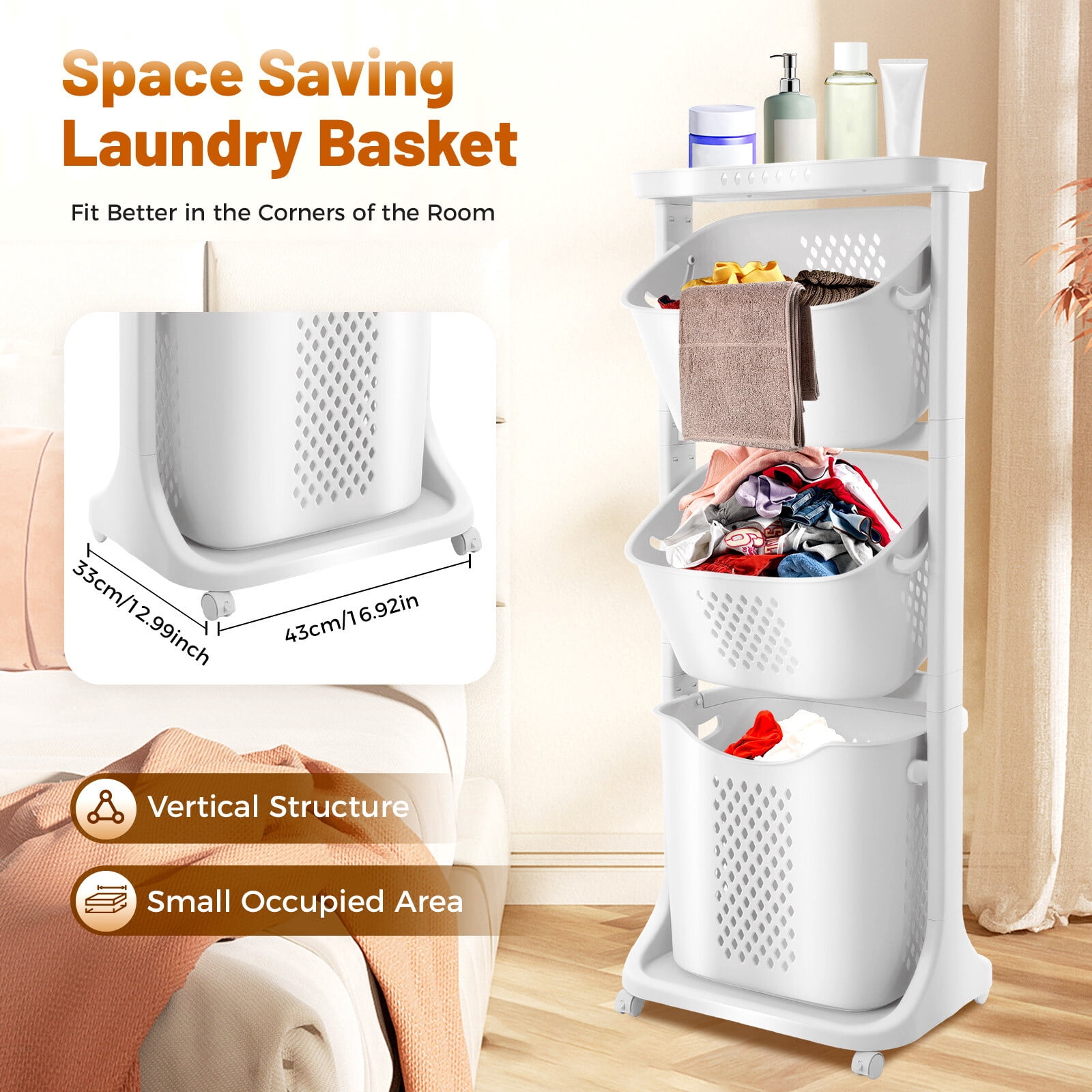 3 Tier Dirty Clothes Laundry Basket 360 Rolling Laundry Hamper Storage Sorter for Kitchens, Bathrooms