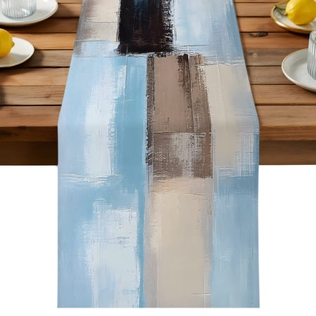 Abstract Color Stitching Table Runner Blue Brown Graffiti Art Cotton Linen Table Cloth Tablerunner for Kitchen Dining Party Wedding Home Decor 13x60 Inch