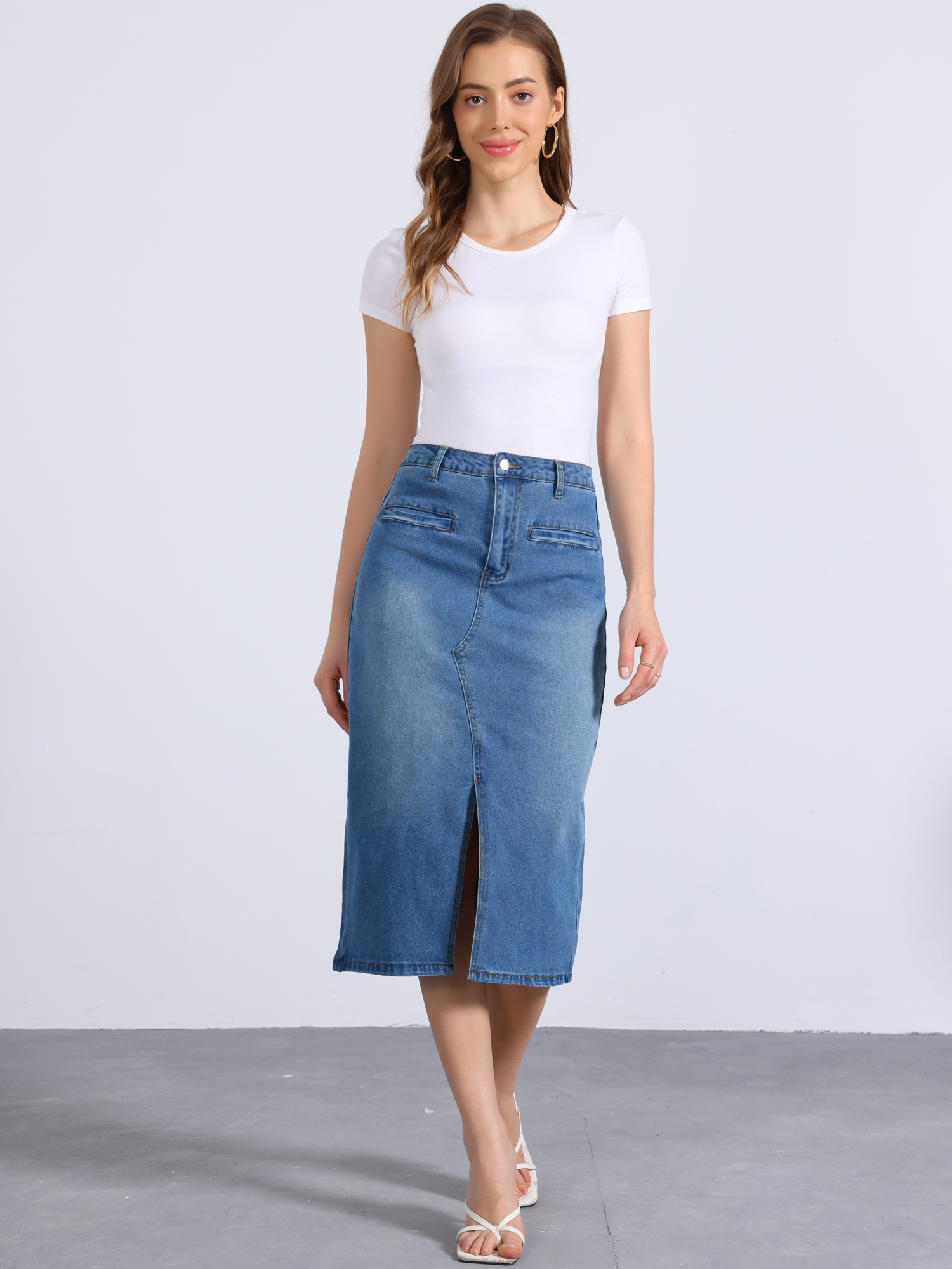 DARING DIVA Women's Slit Front Washed Jean Midi Skirts with Pockets S Blue