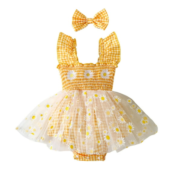 MEZZALL Girls Sleeveless Plaid Floral Romper Bodysuits Dress Sundress Headbands Set, Yellow, 0-3 Months