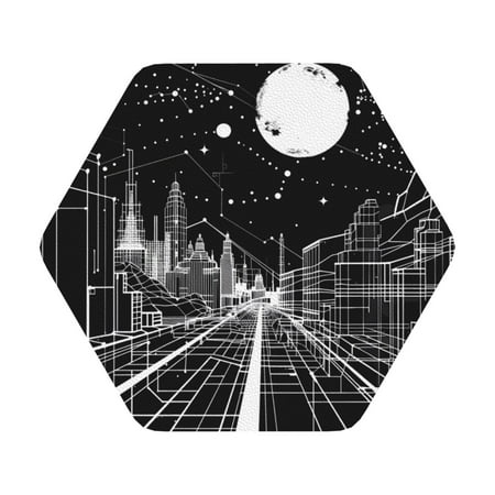 

Adobk Futuristic Moonlit Cityscape Print Leather Coasters for Drinks(6 Pack) Durable Drink Coasters Set Luxurious Home Décor and Housewarming Gift Hexagon