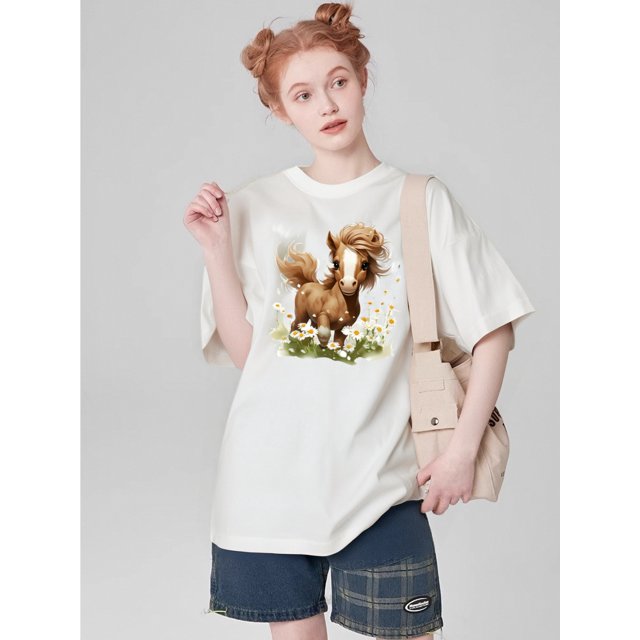 Women'S Vintage Crew Neck T-Shirt, Polyester Knit Fabric, Regular Length, with Geometric Pattern, Casual Print Tee for Summer