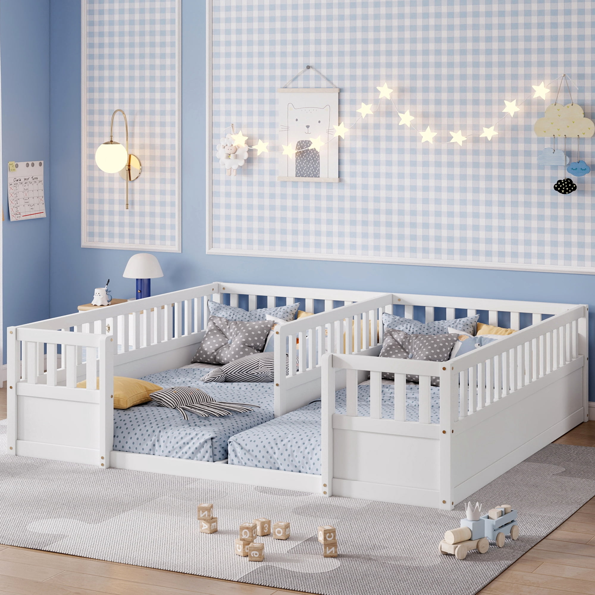 Double Twin Floor Bed 81.2 Inch, Pine Wood Bed Frame with Semi Enclosed Guardrails for Two Kids, White
