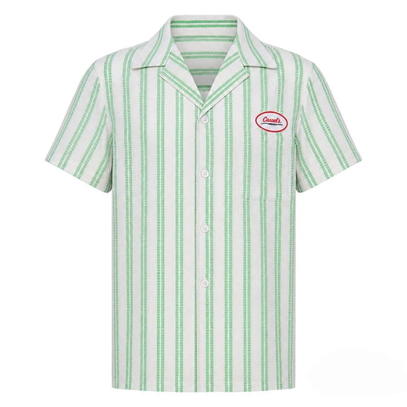 PJKOBMJ Men Green White Striped Camp Collar Short Sleeve Shirt, Retro Work Uniform Fancy Dress Costume Top,S