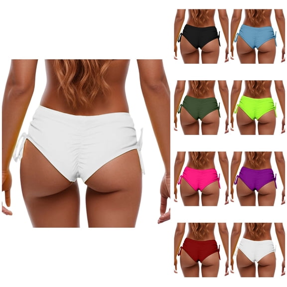 Women's High Waisted Bikini Bottom, Side Tie Cheeky Swim Pants with Ruching, Comfortable Beach Summer Bathing Suit for Swimming