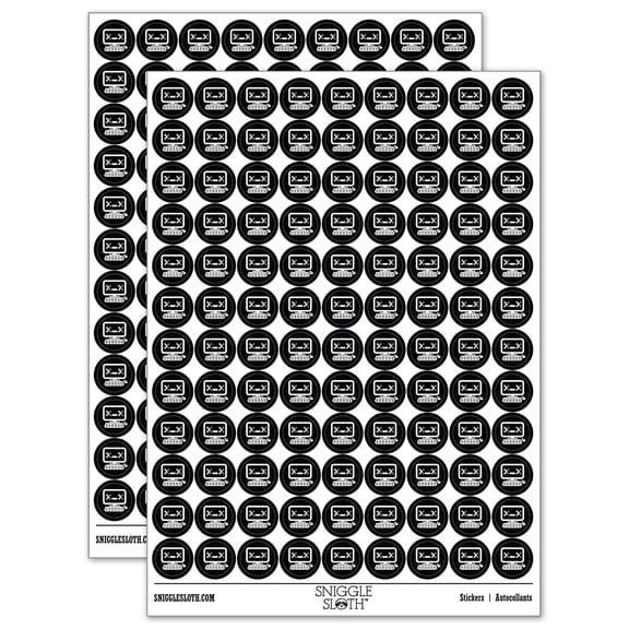 Dead Kawaii Computer Face Emoticon 200  Round Stickers - Black - Gloss Finish - 0.50" Size