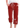 thumbnail image 1 of lcziwo Women's Linen High Waist Cropped Capris with Pockets, Red, 1 of 4