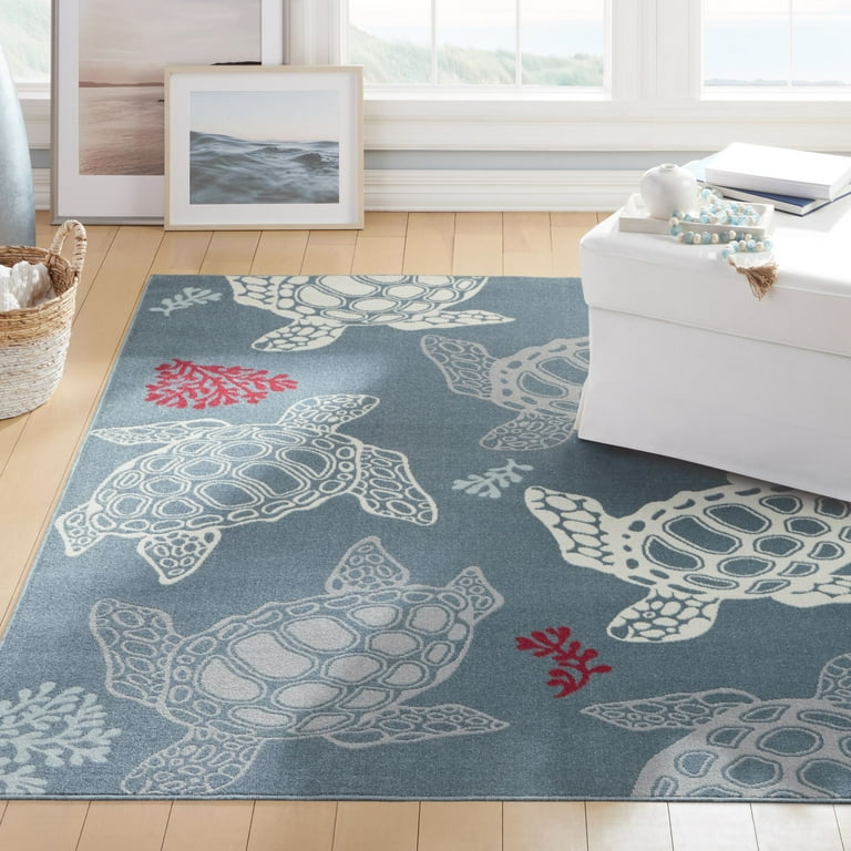 5' X 7' Ivory Or Teal Sea Creatures Indoor Outdoor Area Rug 5' X 7' Ivory Or Teal Sea Creatures Indoor Outdoor Area Rug