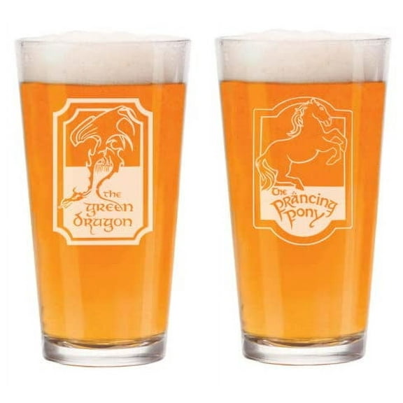 16 oz Beer Pint Glass Gift Set Of 2 The Prancing Pony and The Green Dragon