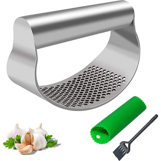 Prensa de Ajos Manual Profesional JM de Acero Inoxidable con Picadora y Pelador de Silicona