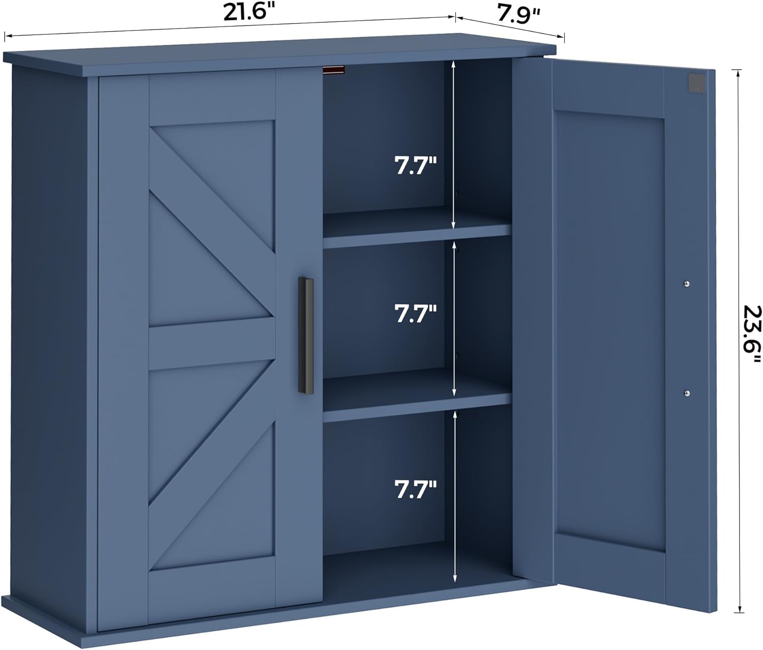 Bathroom Wall Cabinet, Over Toilet Storage Cabinet with Barn Doors and Adjustable Shelves, 3-Tier Medicine Cabinet Wall Mounted, for Bathroom, Kitchen, Entryway, Laundry Room, Blue, (7.9" D)