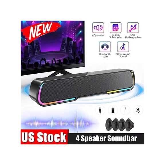 3D Surround Sound Bar with RGB Lights, 4 Speakers & Built-in Subwoofer, 1200mAh USB Rechargeable, Bluetooth/AUX/USB/SD/FM for TV Music Gaming