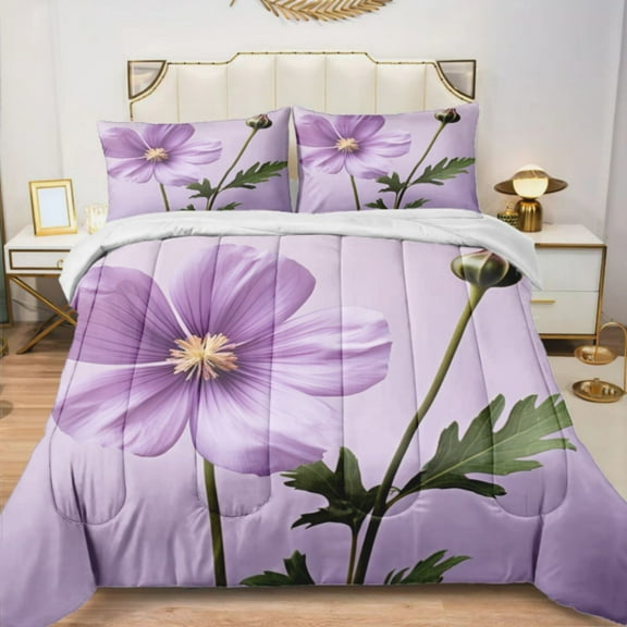 Quilted Comforter Duvet, All Season Duvet, Soft Bedding 3 Set, 1 Duvet Comforter & 2 Pillow Case, Purple Flower Floral, Twin