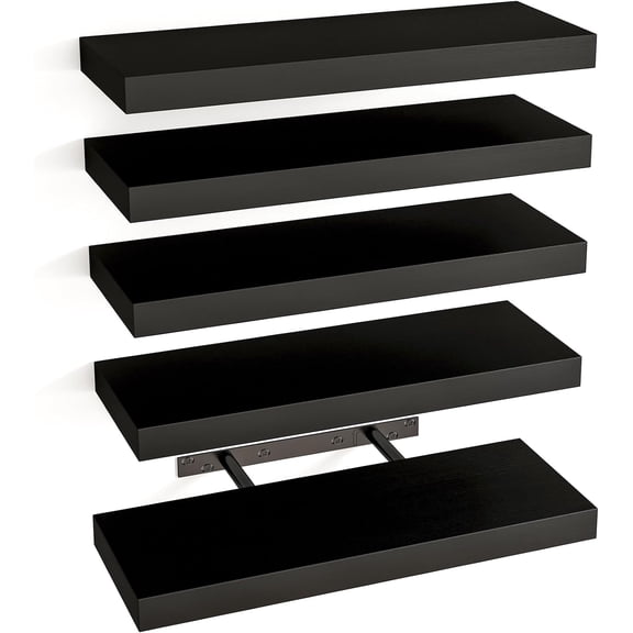 Fairy Floating Shelves, Bathroom Decor Wall Shelves, Bathroom Shelves Set of 5, with Invisible Brackets, 15.8x1.2x5.5inches, Black