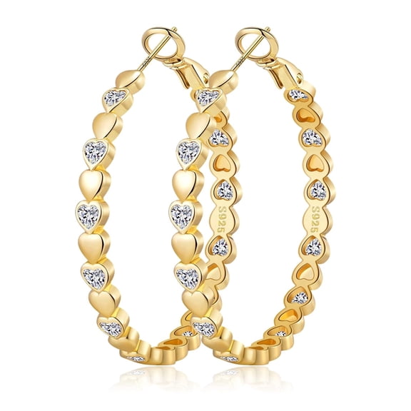 VEEDOFA Women's 14K Gold Plated 925 Silver Heart CZ Hoop Earrings, Hypoallergenic Sparkly Jewelry Gift