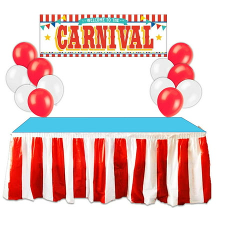 Kedudes Carnival Circus Party Supplies Decorations - Red and White Striped Table Skirt, Plastic Carnival Banner with 10 Red Balloons and 10 White Balloons