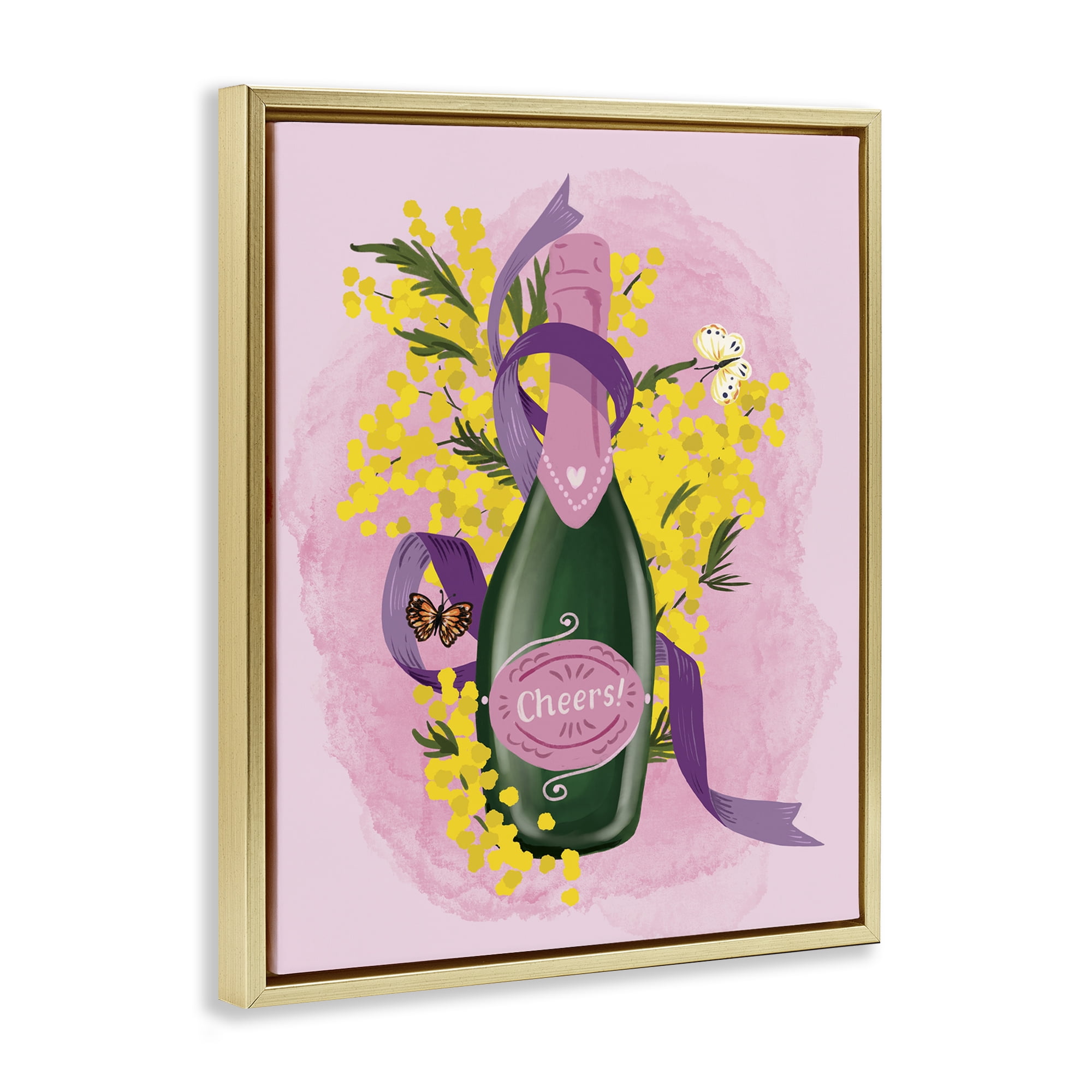 Stupell Industries Floral Champagne Bottle Food & Beverage Painting Gold Floater Framed Canvas Art Print Wall Art, 17 x 21