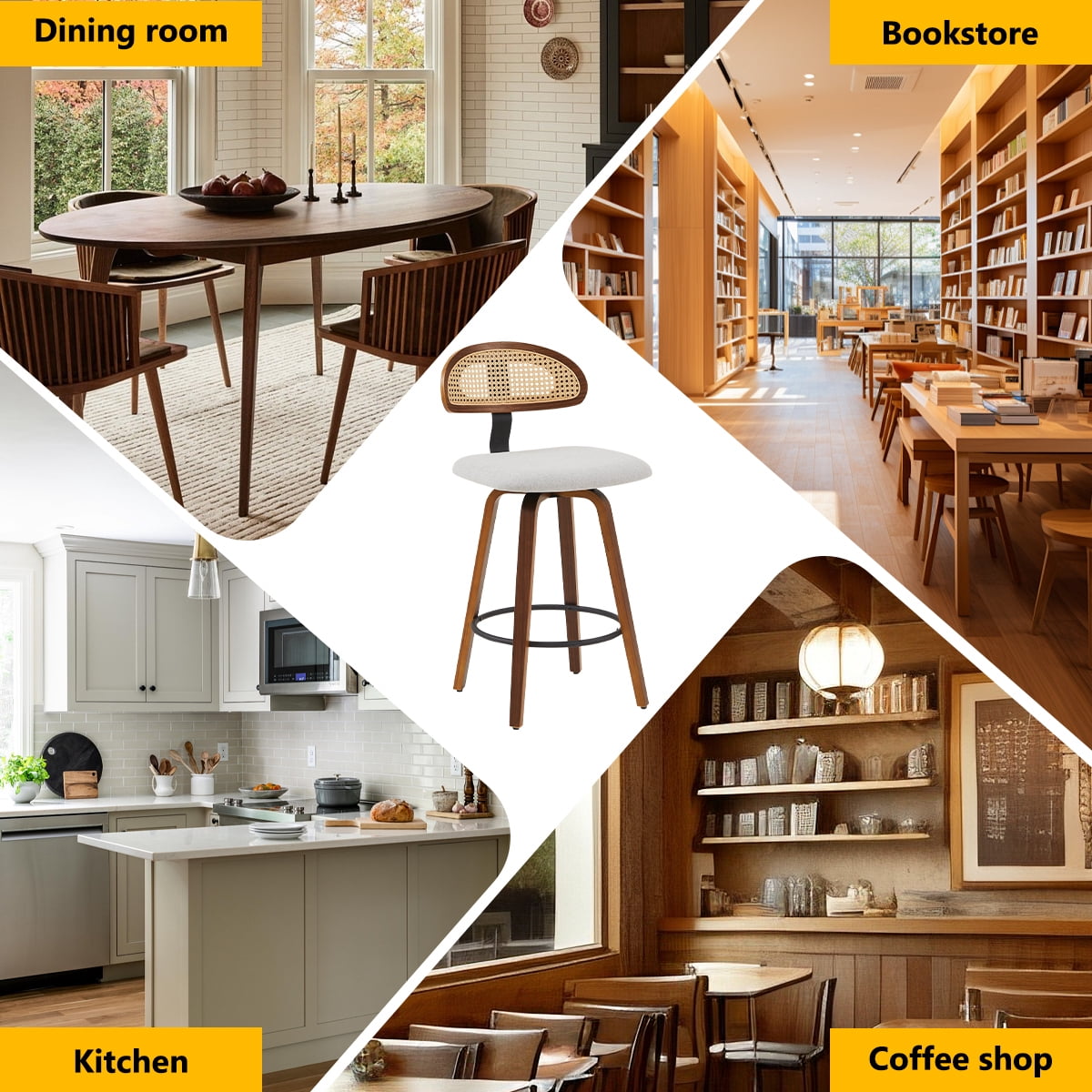 360° Swivel Rattan Bar Stools Set of 1, Counter Height Modern Kitchen Island Stools With Footrest, Uphostered Cushion, Comfortable Durable, Grey