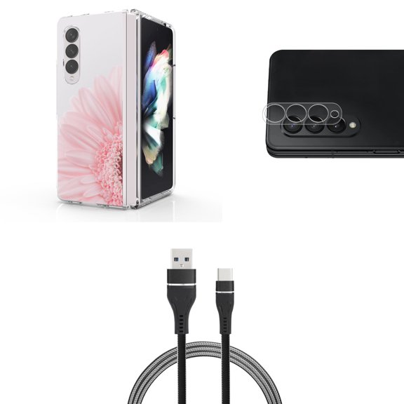 Accessory Bundle for Galaxy Z Fold 4: Slim Snap-On Case (Pink Sunflower), Rear Camera Glass Protector, Nylon Braided USB-C to USB-A Cable (3 Feet)