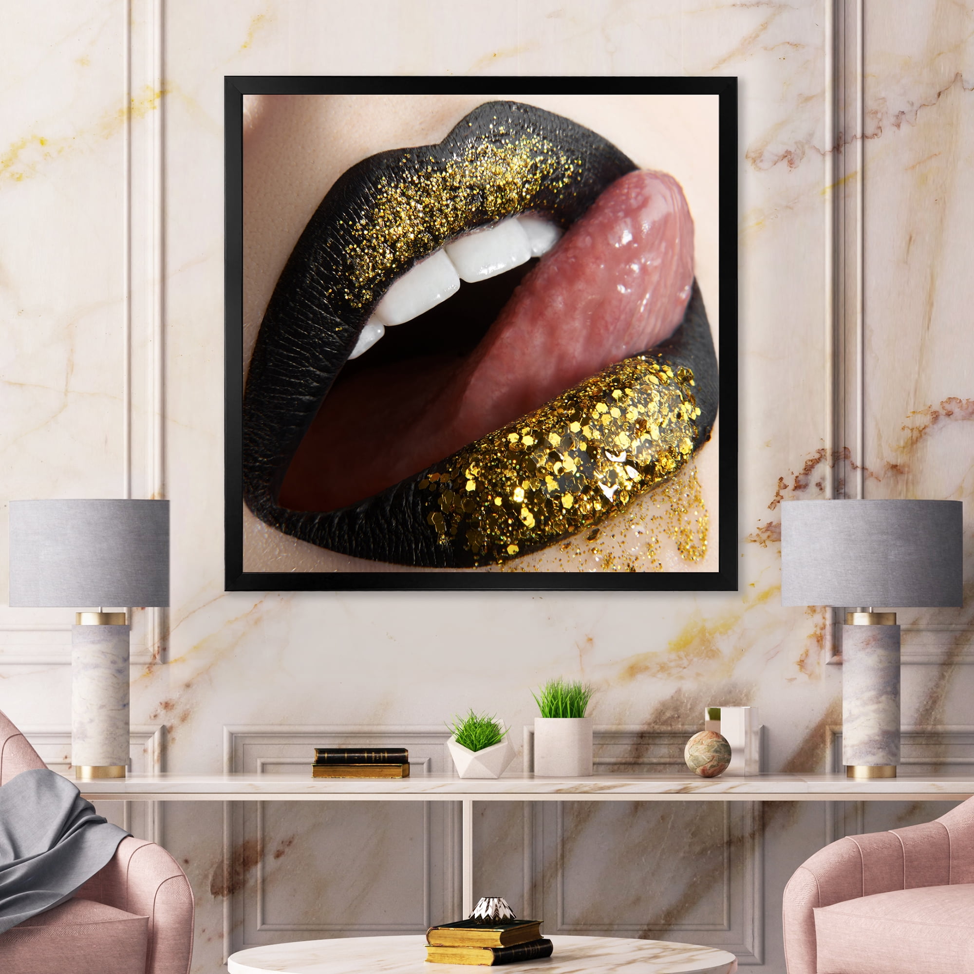Designart 'Woman Lips Black Lipstick and Gold Sequins' Modern Framed Art Print