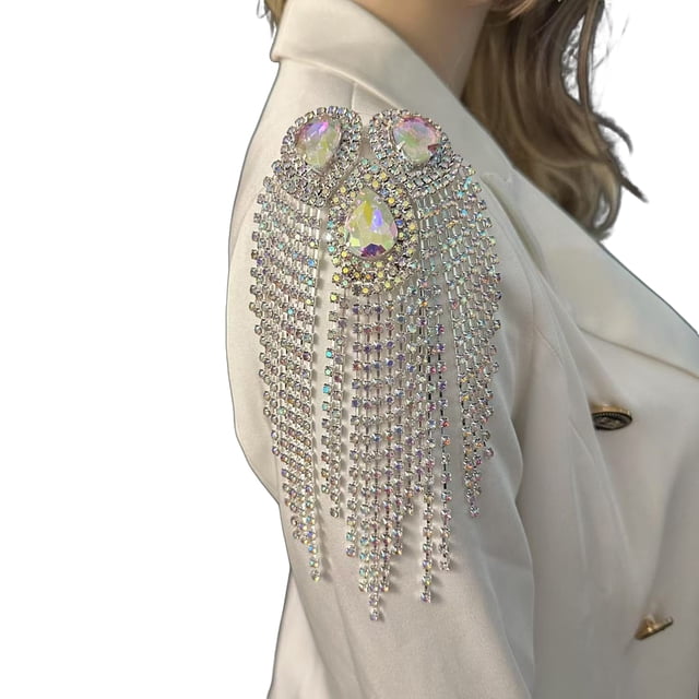 Hioecau Fringe Rhinestone Epaulette Waterdrop Shoulder Epaulette Sparkling Tassel Epaulet Accessory for Costume Party Stage Performance