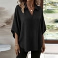 thumbnail image 4 of ClodeEU Women's Collar V Neck Batwing 3/4 Dolman Sleeve Blouse,Solid Curved Hem Casual Loose Shirt Top Black,Women's Plus L, 4 of 9