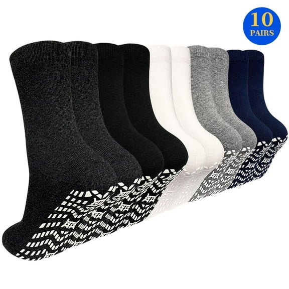 AMITOFO 10 Pairs Non Slip Grip Socks - Ideal for Yoga, Pilates, Hospital Use - Men & Women's Crew Sticky Gripper Socks (Size 11-13)