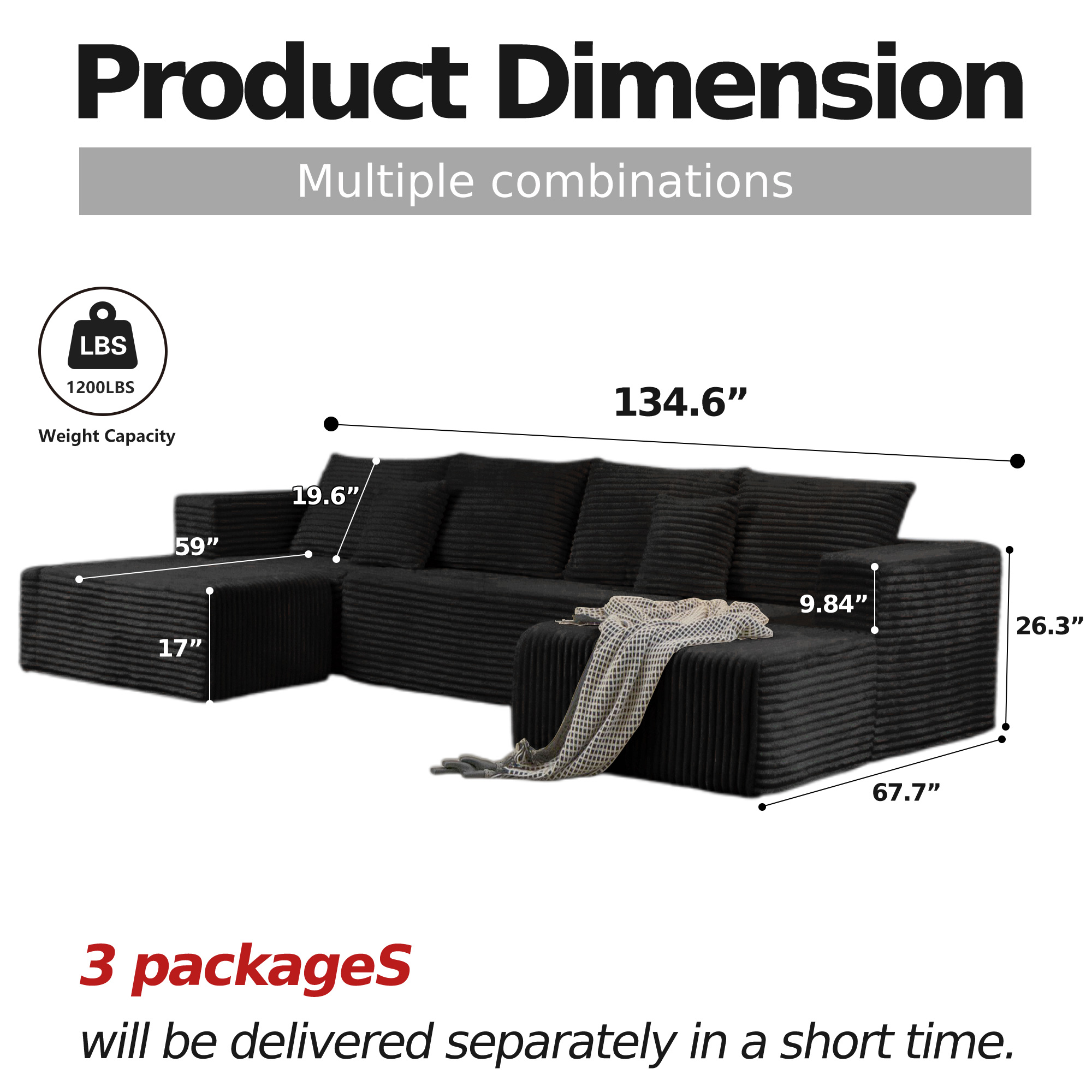 DILORA Large U-Shaped Cloud Sectional Sofa Modular Compressed 134 Inches Black 3 Packages
