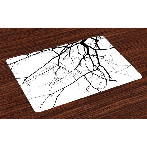Black and White Placemats Set of 4 Macro Leafless Winter Tree Branches Idyllic Twigs of Oak