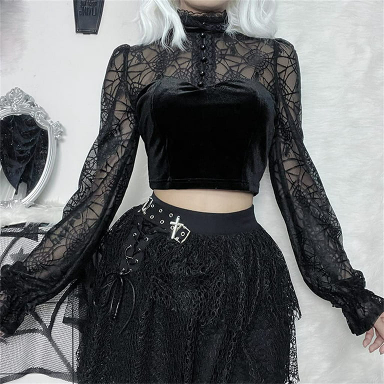 Womens Long Sleeves Gothic Crop Top Lace Up Sexy Punk Clubwear T