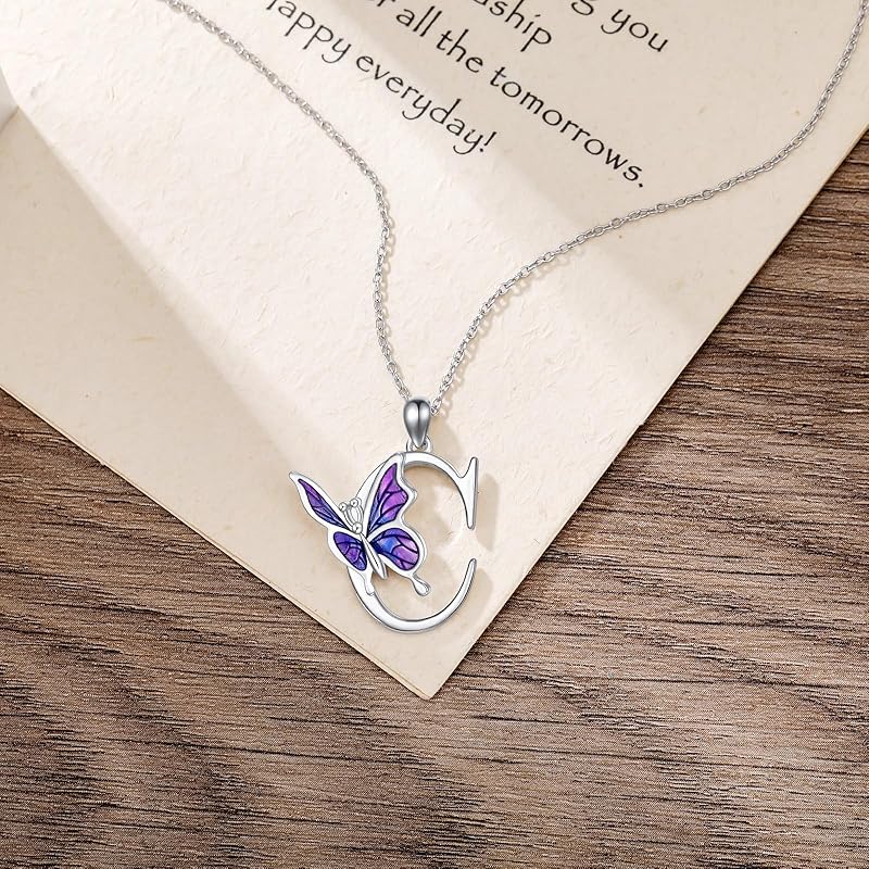 AOBOCO Initial Necklace for Women 925 Sterling Silver Purple Butterfly with A-Z 26 Letters Pendant Necklace for Graduation Gifts