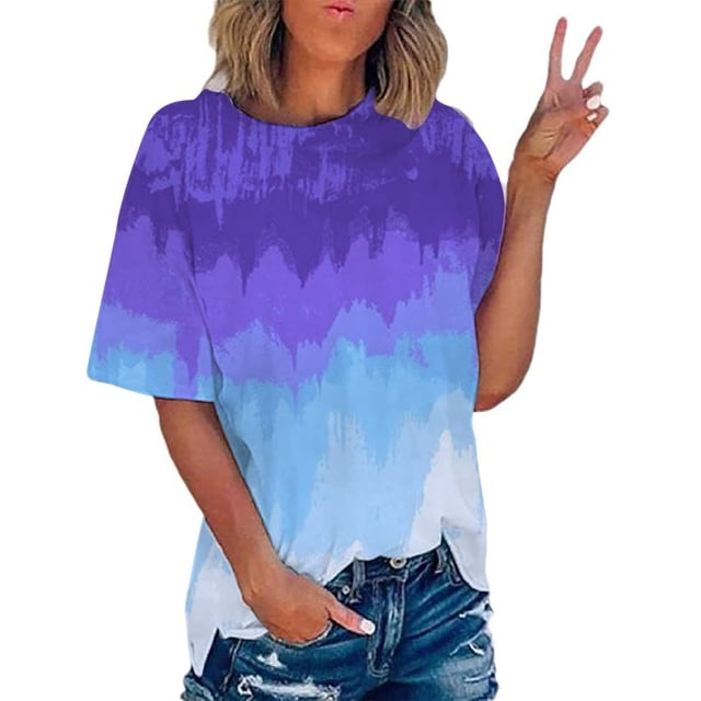 AherBiu T-Shirts Grande Taille pour Femmes Tendance Col Rond T-Shirts Dégradés Été Manches Courtes Hauts de Sortie