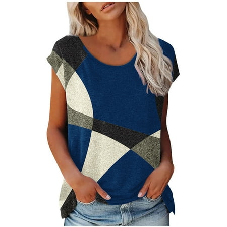 

SIMQOing Women s Summer Blouses Short Sleeve Crew Neck Basic Tunic Loose Casual Print T-Shirt