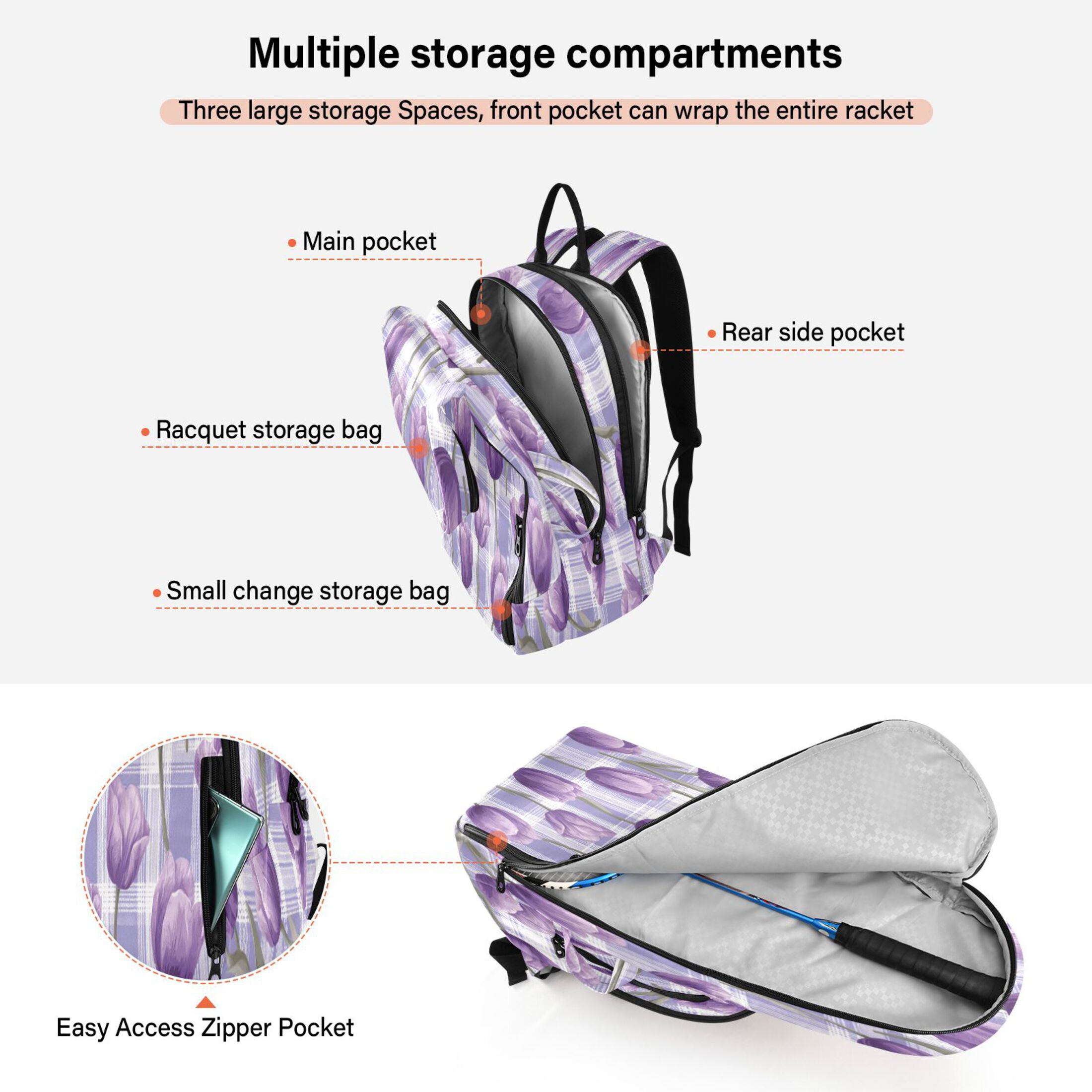 2 Racquet Holder Tennis Backpack Tennis Racket Covers Gym Bags Lovely Lavender Tulip Flowers
