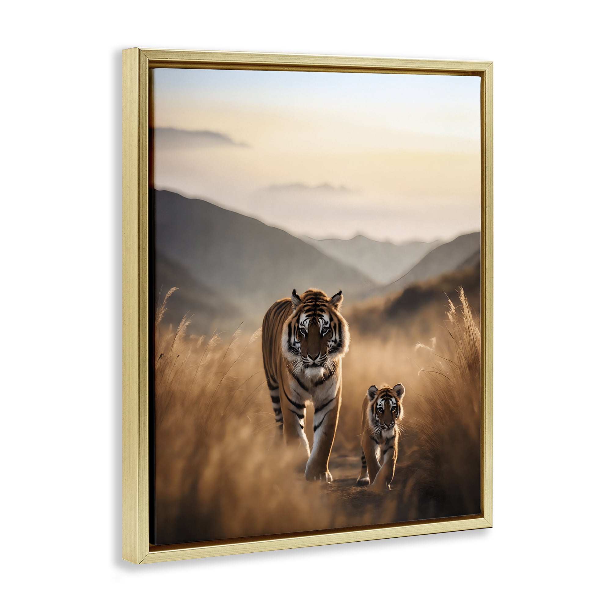 Stupell Industries Tiger & Cub on Savanna Animals Painting Gold Floater Framed Canvas Art Print Wall Art, 17 x 21