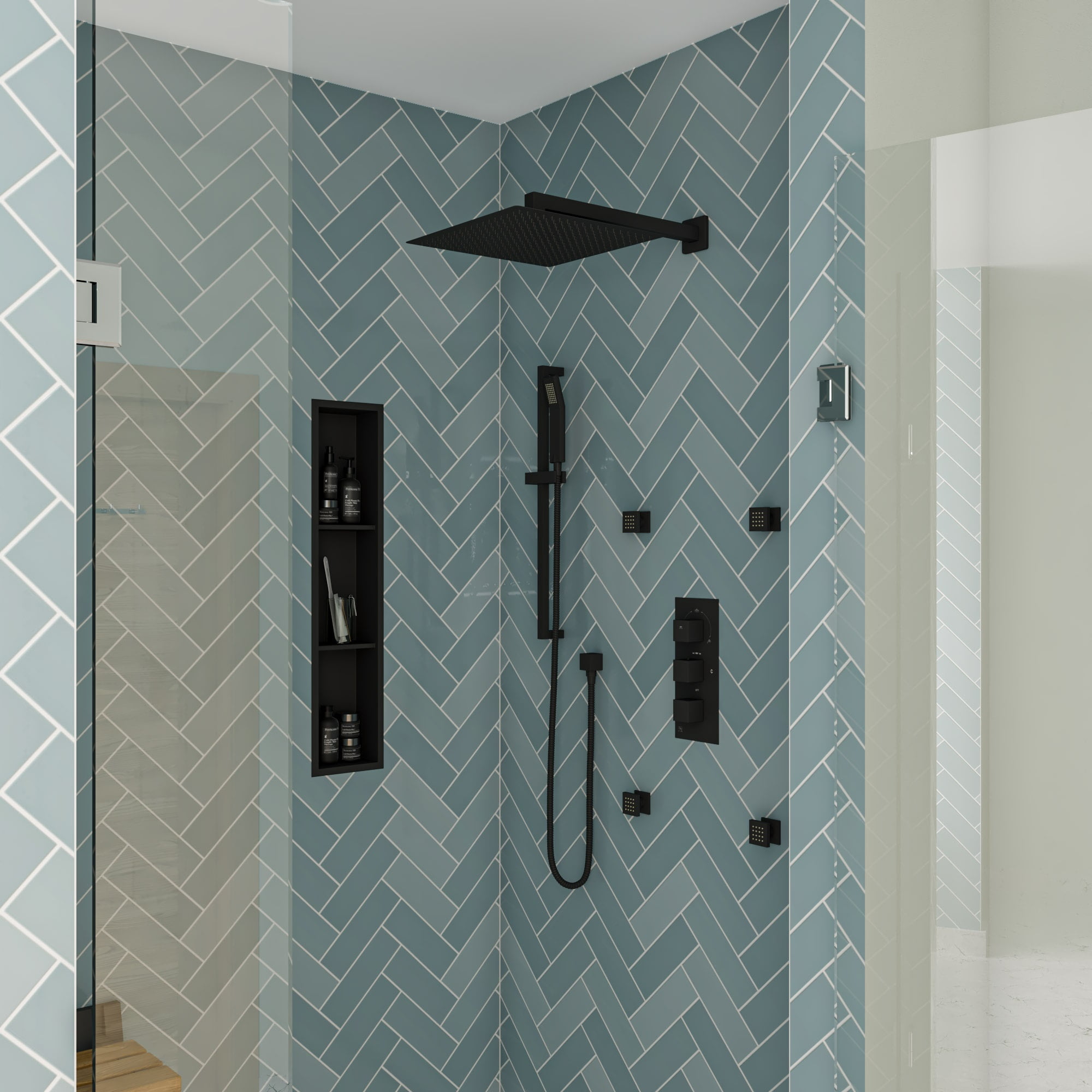 AKDY 8 in. W x 36 in. H x 4 in. D Stainless Steel Triple Shelf Bathroom Shower Wall NICHE in Matte Black