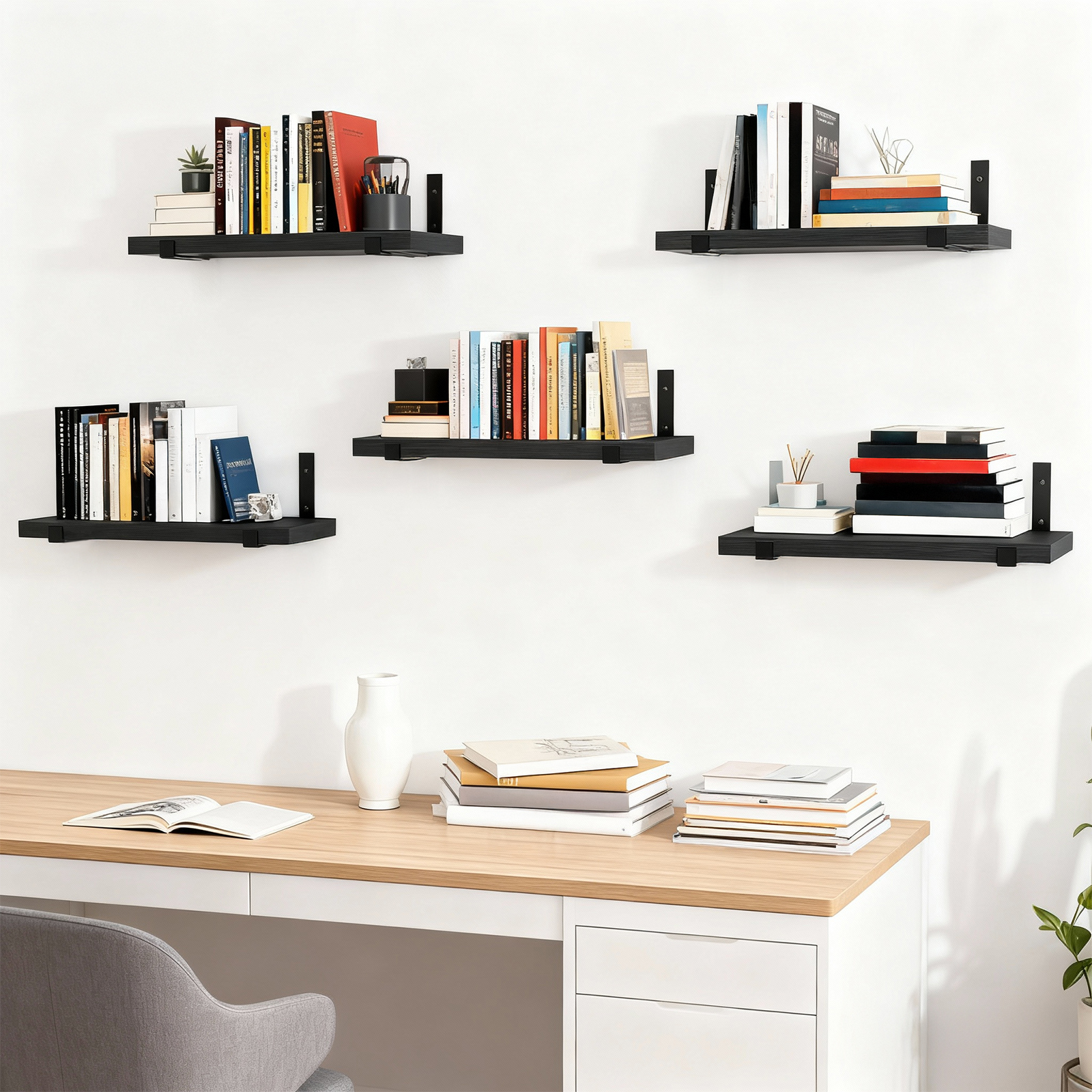 Floating Shelves Set of 5, Width 4.7 Inches Wall Shelves, Rustic Wood Wall Storage Shelves Black